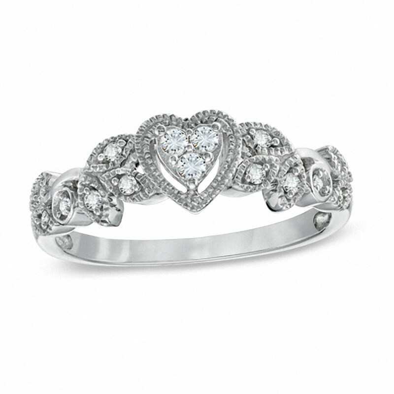 Previously Owned - 1/8 CT. T.W. Heart-Shaped Multi-Diamond Vintage-Style Promise Ring in 10K White Gold