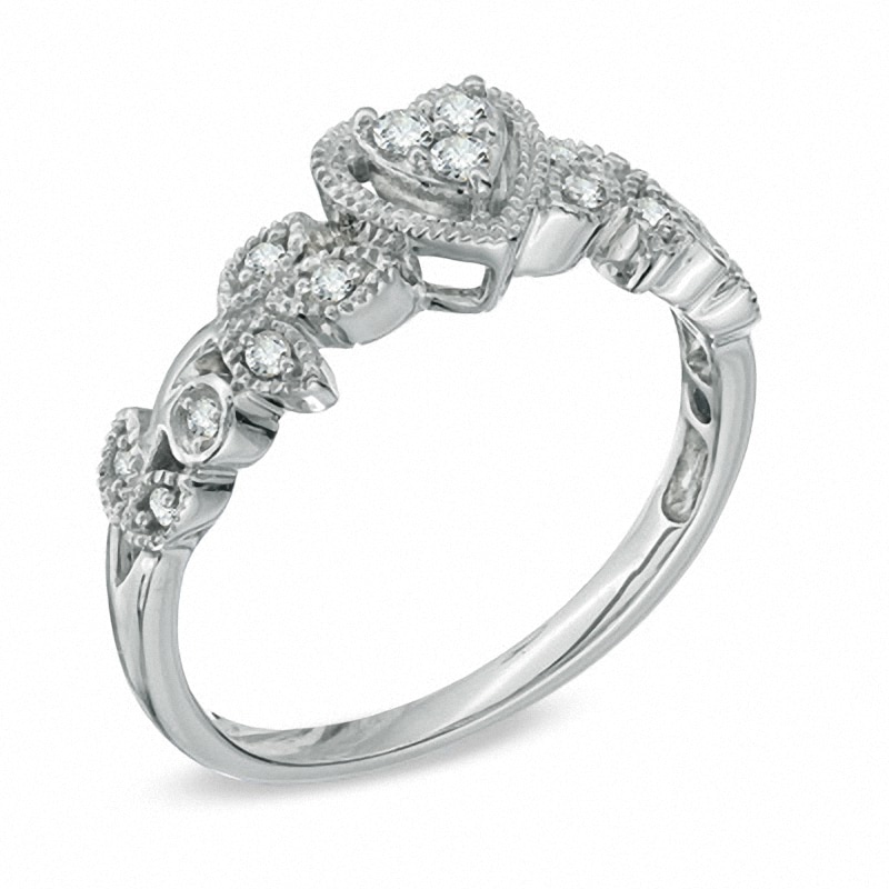 Main Image 2 of Previously Owned - 1/8 CT. T.W. Heart-Shaped Multi-Diamond Vintage-Style Promise Ring in 10K White Gold
