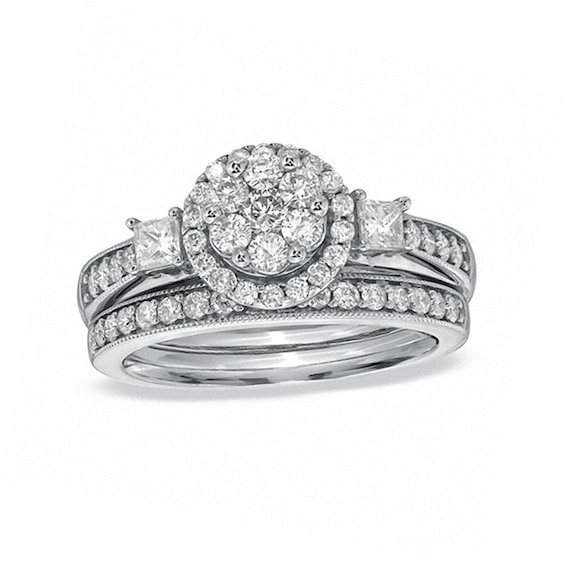 Previously Owned - 1 CT. T.w. Round and Princess-Cut Diamond Flower Bridal Set in 10K White Gold