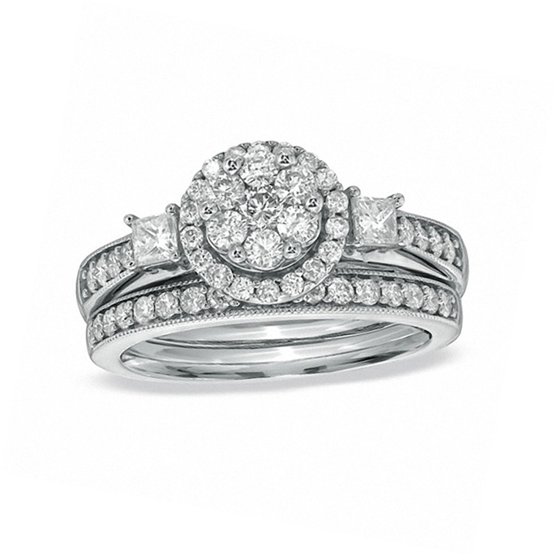 Main Image 1 of Previously Owned - 1 CT. T.W. Round and Princess-Cut Diamond Flower Bridal Set in 10K White Gold