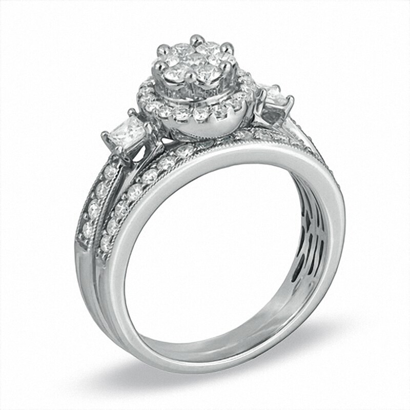Main Image 2 of Previously Owned - 1 CT. T.W. Round and Princess-Cut Diamond Flower Bridal Set in 10K White Gold