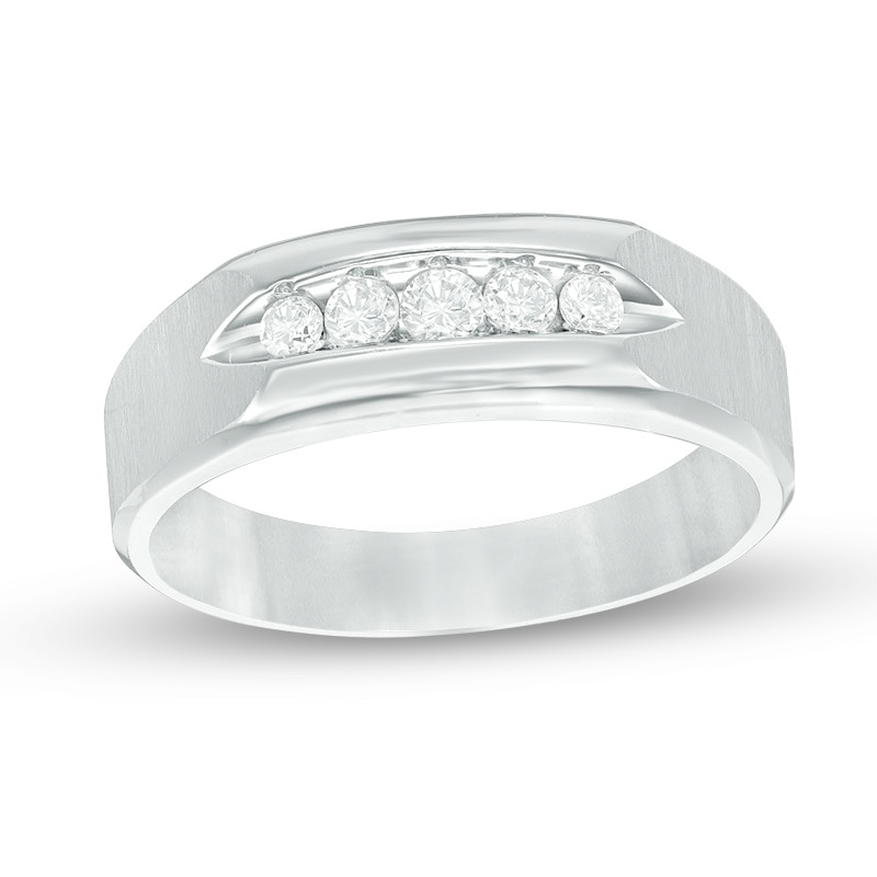 Main Image 1 of Previously Owned - 1/4 CT. T.W. Diamond Five Stone Brushed Wedding Band in 10K White Gold