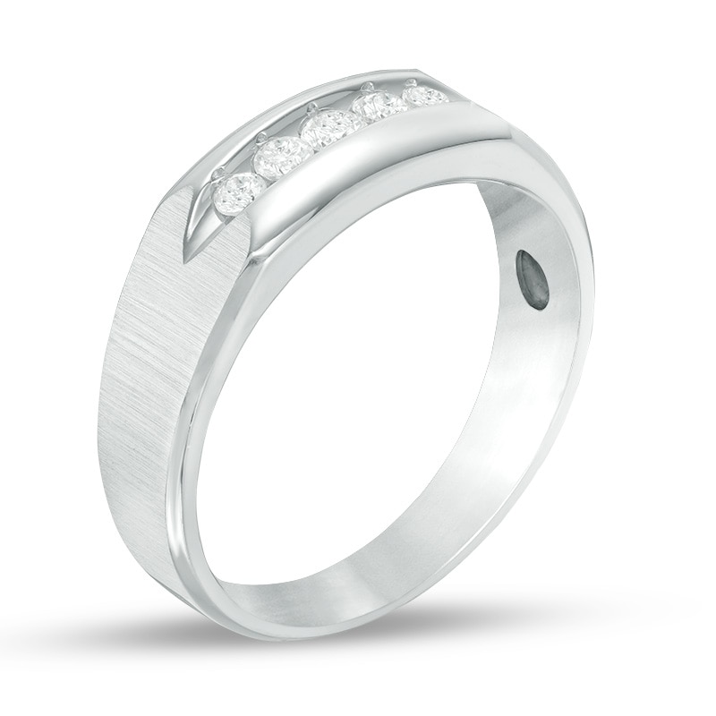 Main Image 2 of Previously Owned - 1/4 CT. T.W. Diamond Five Stone Brushed Wedding Band in 10K White Gold