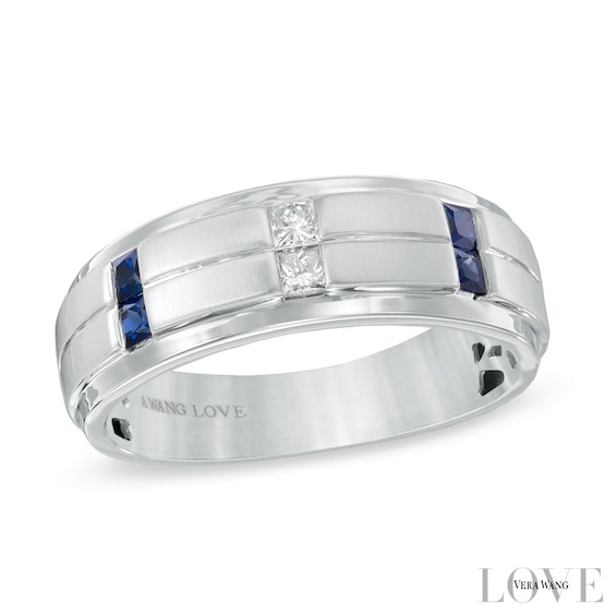 Previously Owned - Vera Wang Love Collection Men's 1/8 CT. T.w. Diamond and Sapphire Wedding Band in 14K White Gold