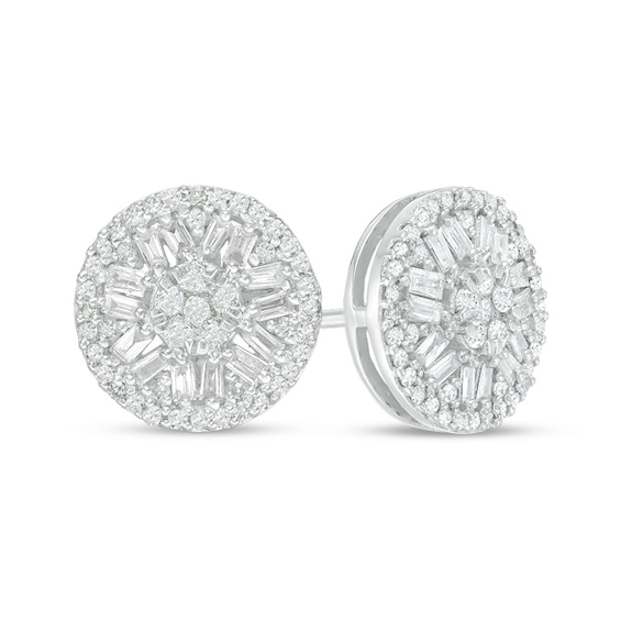 Previously Owned - 1/2 CT. T.w. Baguette and Round Multi-Diamond Frame Stud Earrings in 10K White Gold