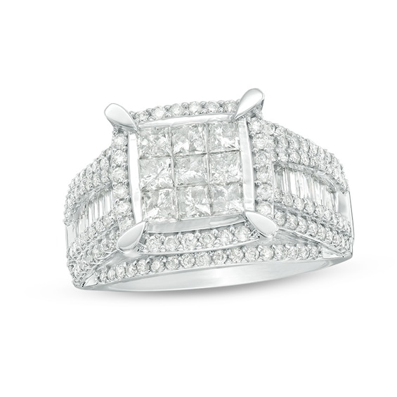Previously Owned - 2 CT. T.W. Composite Princess-Cut Diamond Frame Multi-Row Engagement Ring in 10K White Gold Previously Owned - 2 CT. T.W. Composite Princess-Cut Diamond Frame Multi-Row Engagement Ring in 10K White Gold