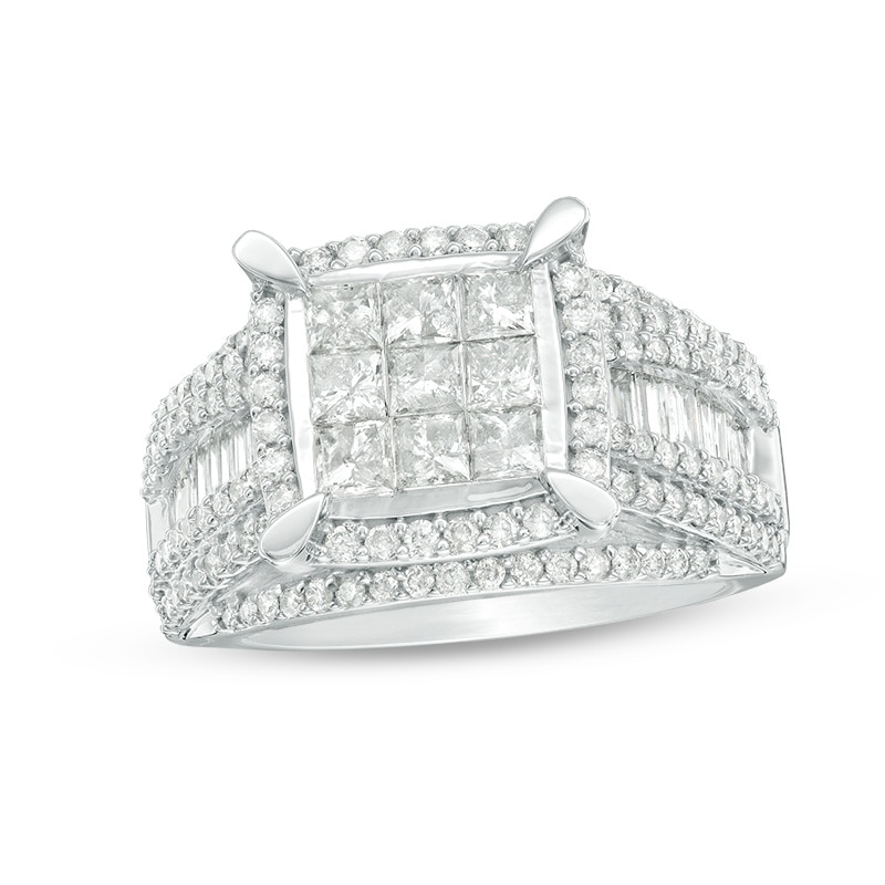 Previously Owned - 2 CT. T.W. Composite Princess-Cut Diamond Frame Multi-Row Engagement Ring in 10K White Gold