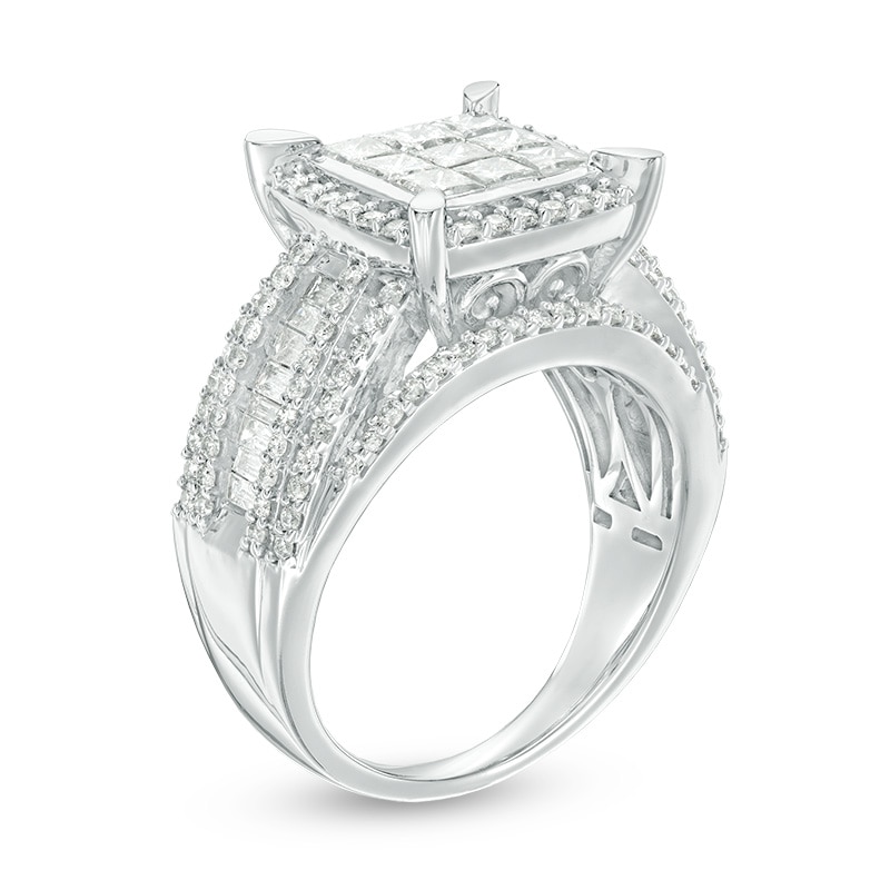 Previously Owned - 2 CT. T.W. Composite Princess-Cut Diamond Frame Multi-Row Engagement Ring in 10K White Gold