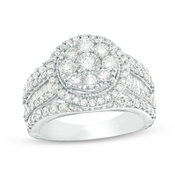 Previously Owned - 2 CT. T.W. Composite Diamond Frame Multi-Row Vintage-Style Engagement Ring in 10K White Gold Previously Owned - 2 CT. T.W. Composite Diamond Frame Multi-Row Vintage-Style Engagement Ring in 10K White Gold