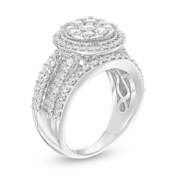 Previously Owned - 2 CT. T.W. Composite Diamond Frame Multi-Row Vintage-Style Engagement Ring in 10K White Gold Previously Owned - 2 CT. T.W. Composite Diamond Frame Multi-Row Vintage-Style Engagement Ring in 10K White Gold