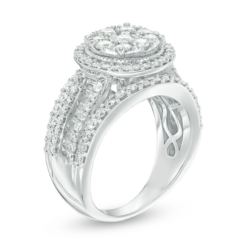 Previously Owned - 2 CT. T.W. Composite Diamond Frame Multi-Row Vintage-Style Engagement Ring in 10K White Gold