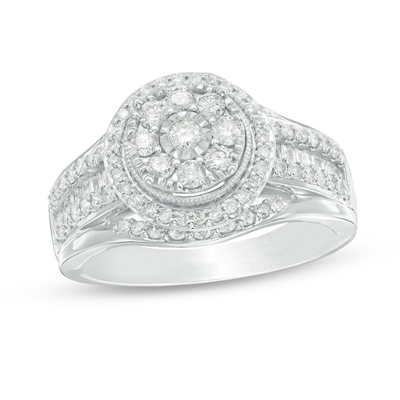 Previously Owned - 1 CT. T.W. Composite Diamond Frame Multi-Row Vintage-Style Engagement Ring in 10K White Gold Previously Owned - 1 CT. T.W. Composite Diamond Frame Multi-Row Vintage-Style Engagement Ring in 10K White Gold