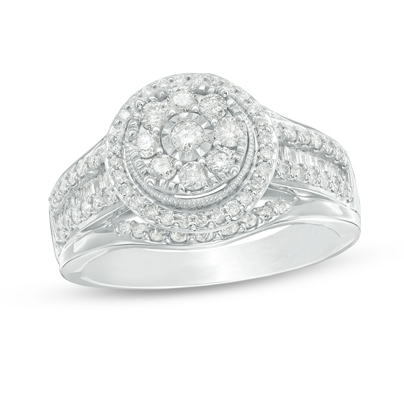 Previously Owned - 1 CT. T.W. Composite Diamond Frame Multi-Row Vintage-Style Engagement Ring in 10K White Gold