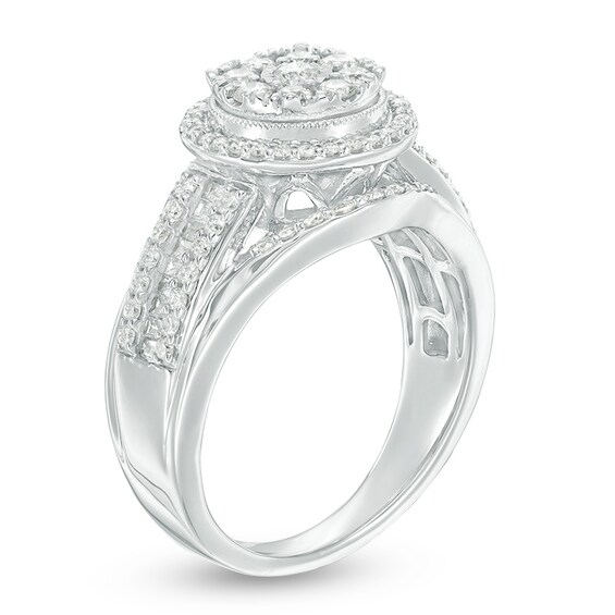 Previously Owned - 1 CT. T.W. Composite Diamond Frame Multi-Row Vintage-Style Engagement Ring in 10K White Gold Previously Owned - 1 CT. T.W. Composite Diamond Frame Multi-Row Vintage-Style Engagement Ring in 10K White Gold