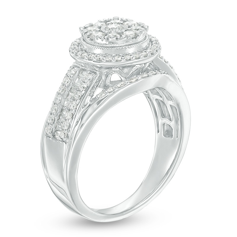 Previously Owned - 1 CT. T.W. Composite Diamond Frame Multi-Row Vintage-Style Engagement Ring in 10K White Gold