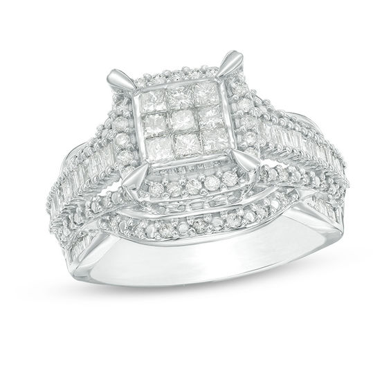 Previously Owned - 1 CT. T.w. Composite Princess-Cut Diamond Frame Multi-Row Engagement Ring in 10K White Gold