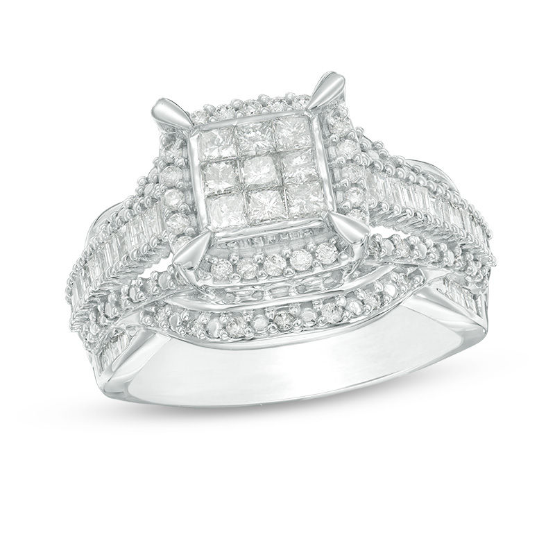 Previously Owned - 1 CT. T.W. Composite Princess-Cut Diamond Frame Multi-Row Engagement Ring in 10K White Gold