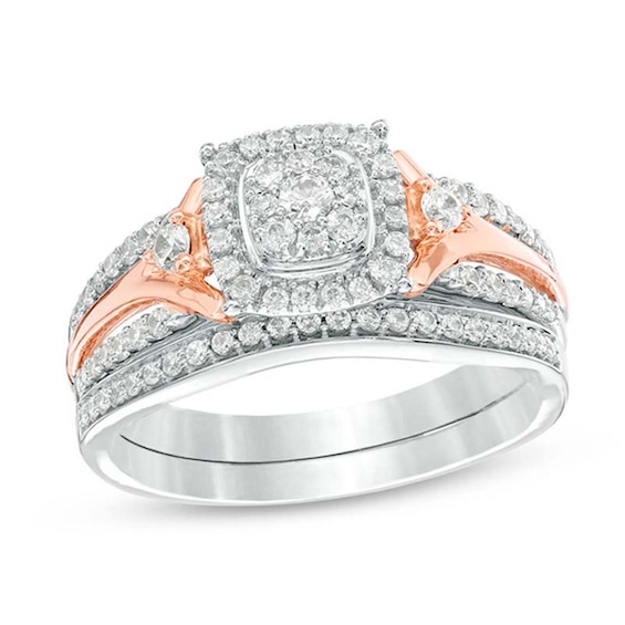 Previously Owned 1/2 CT. T.w. Composite Diamond Cushion Frame Soldered Bridal Set in 10K Two-Tone Gold