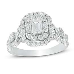 Previously Owned - Celebration Ideal 1-1/2 CT. T.W. Emerald-Cut Diamond Frame Engagement Ring in 14K White Gold (I/I1)