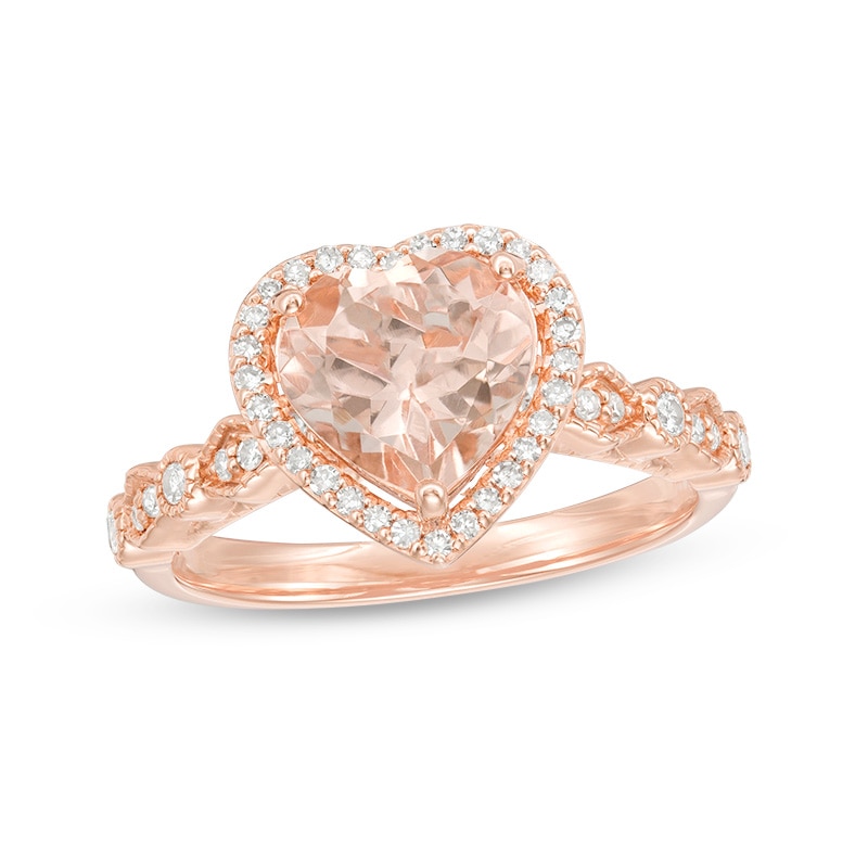 Main Image 1 of Previously Owned - Heart-Shaped Morganite and 1/3 CT. T.W. Diamond Frame Vintage-Style Ring in 10K Rose Gold