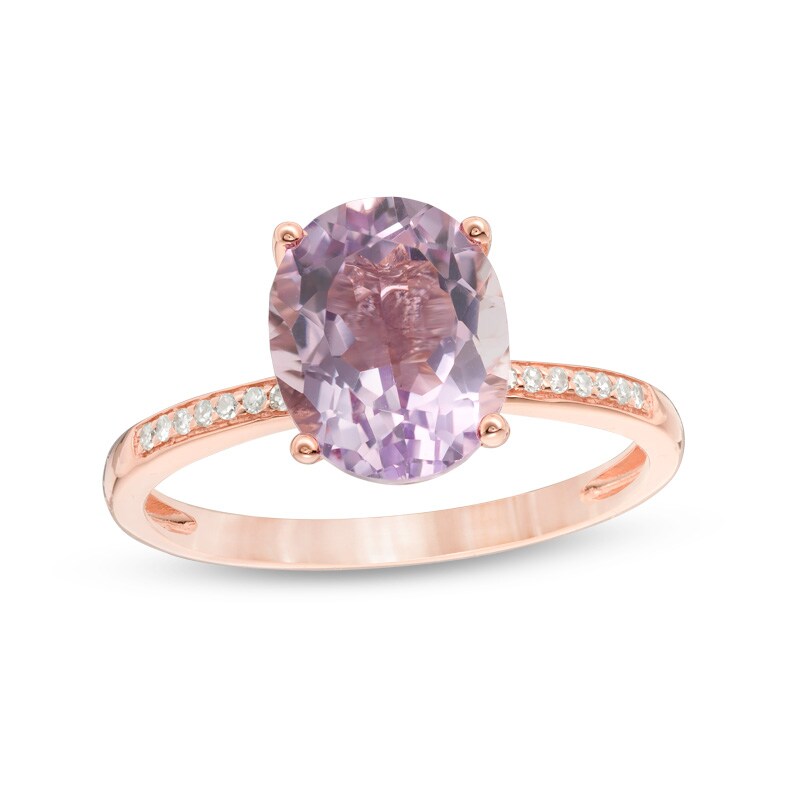 Main Image 1 of Previously Owned - Oval Rose de France Amethyst and 1/20 Ct. T.W. Diamond Ring in 14K Rose Gold