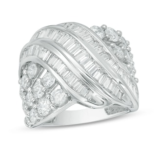 Previously Owned - 3 CT. T.W. Baguette and Round Diamond Crossover Ring in 10K White Gold
