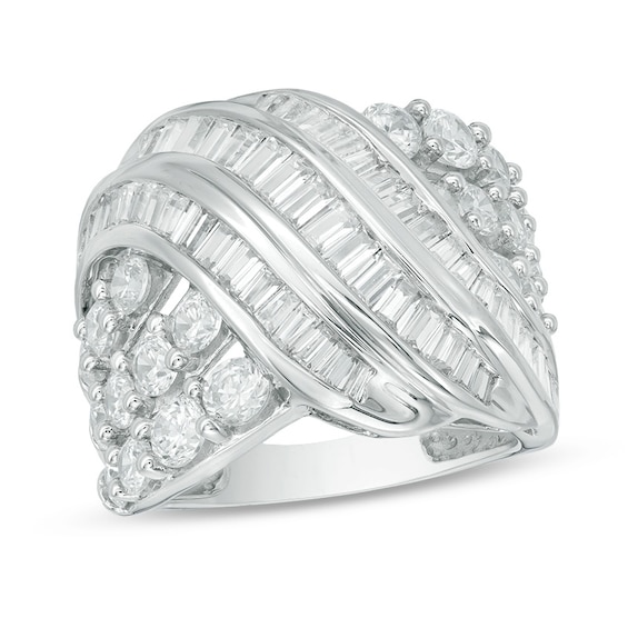 Previously Owned - 3 CT. T.w. Baguette and Round Diamond Crossover Ring in 10K White Gold