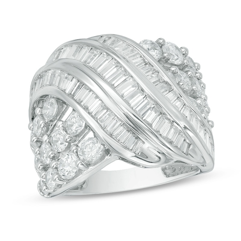 Main Image 1 of Previously Owned - 3 CT. T.W. Baguette and Round Diamond Crossover Ring in 10K White Gold
