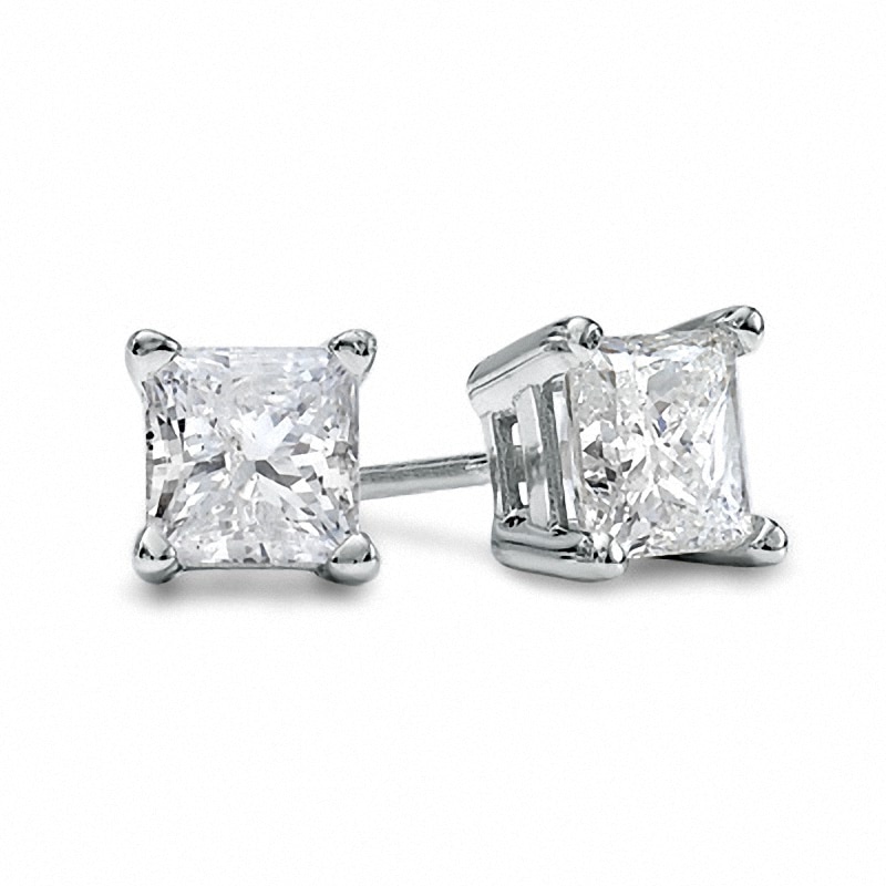 Main Image 1 of Previously Owned - 1 CT. T.W. Princess-Cut Diamond Solitaire Stud Earrings in 14K White Gold