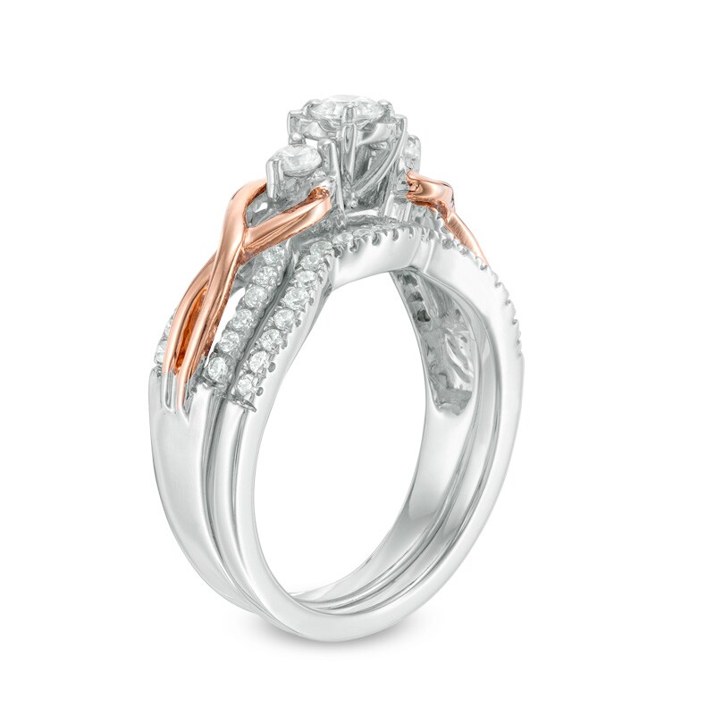 Main Image 2 of Previously Owned - 1/2 CT. T.W. Diamond Three Stone Loop Twist Bridal Set in 10K Two-Tone Gold