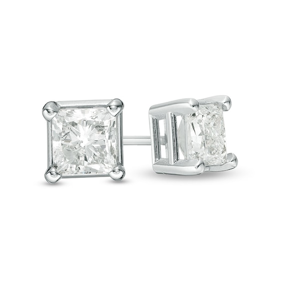 Previously Owned - 1-1/5 CT. T.w. Princess-Cut Diamond Solitaire Stud Earrings in 14K White Gold