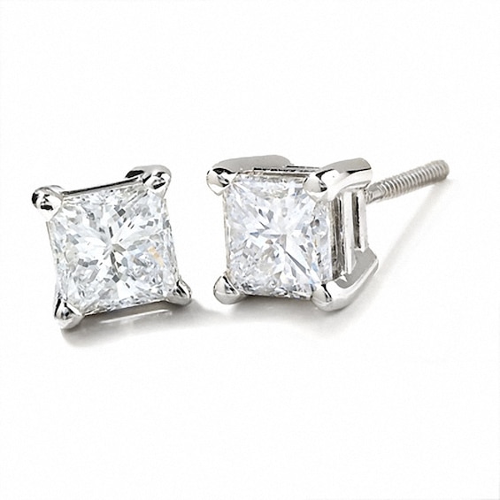 Previously Owned - 1 CT. T.w. Princess-Cut Diamond Solitaire Earrings in 14K White Gold
