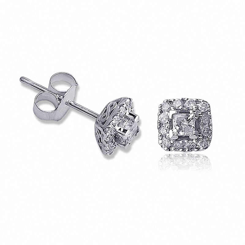 Main Image 1 of Previously Owned - 3/8 CT. T.W. Diamond Square Frame Stud Earrings in 14K White Gold