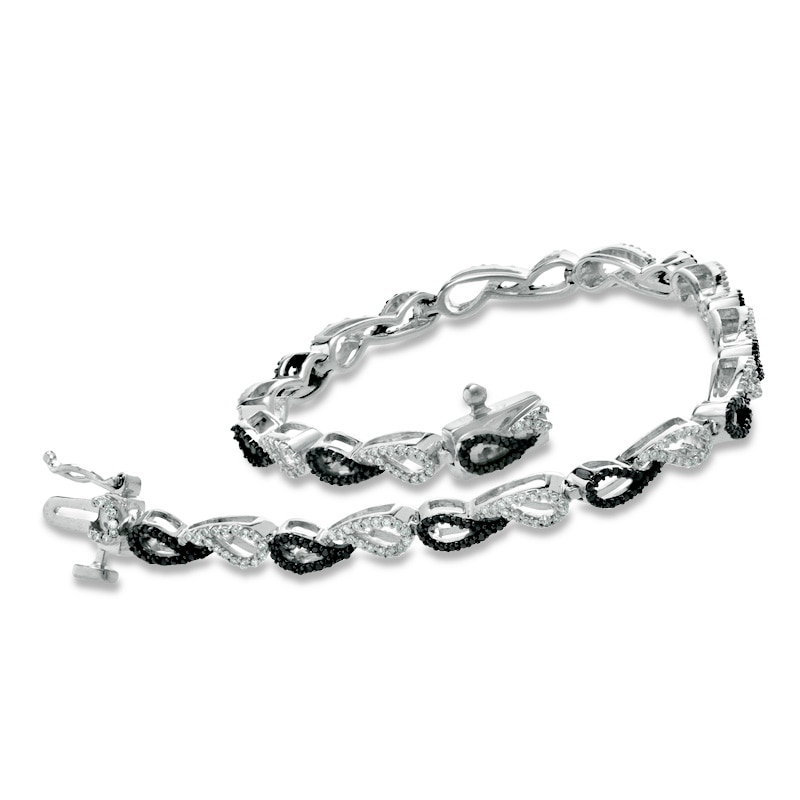 Main Image 2 of Previously Owned - 1 CT. T.W. Enhanced Black and White Diamond Paisley Link Bracelet in Sterling Silver