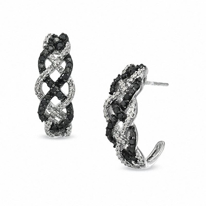 Main Image 1 of Previously Owned - 1/2 CT. T.W. Enhanced Black and White Diamond Loose Braid Hoop Earrings in Sterling Silver