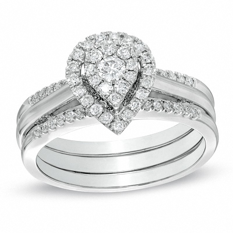 Main Image 1 of Previously Owned - 1/2 CT. T.W. Multi-Diamond Pear-Shaped Frame Bridal Set in 10K White Gold