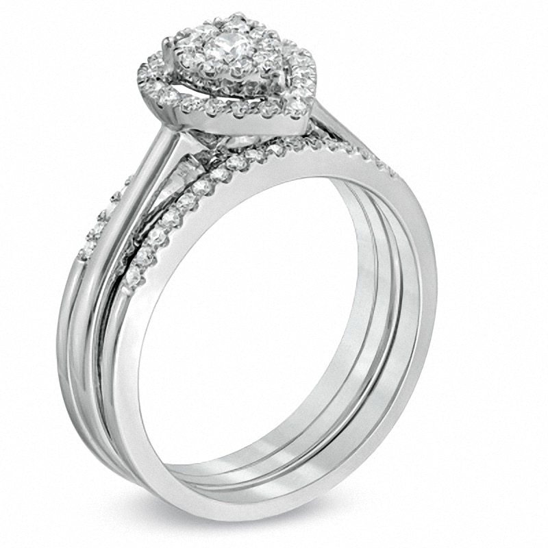 Main Image 2 of Previously Owned - 1/2 CT. T.W. Multi-Diamond Pear-Shaped Frame Bridal Set in 10K White Gold