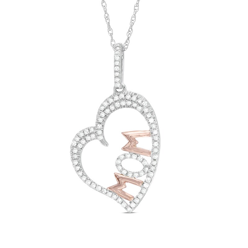 Main Image 1 of Previously Owned - 1/4 CT. T.W. Diamond Tilted Heart "MOM" Pendant in 10K Two-Tone Gold
