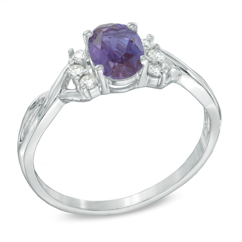 Main Image 2 of Previously Owned - Oval Lab-Created Alexandrite and 1/8 CT. T.W. Diamond Ring in 10K White Gold