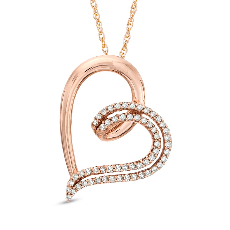 Previously Owned - 1/4 CT. T.W. Diamond Double Row Tilted Heart Pendant in 10K Rose Gold