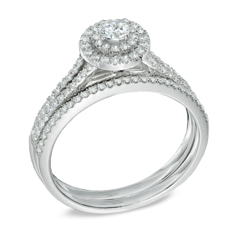 Main Image 2 of Previously Owned - 1/2 CT. T.W. Diamond Double Frame Bridal Set in 14K White Gold