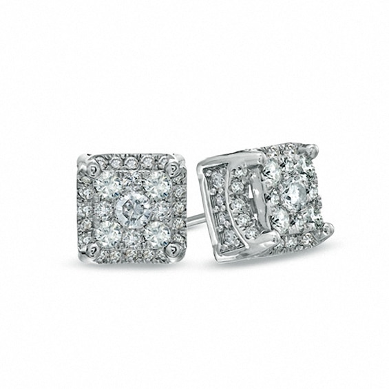 Previously Owned - 1/2 CT. T.w. Diamond Square Cluster Stud Earrings in 10K White Gold