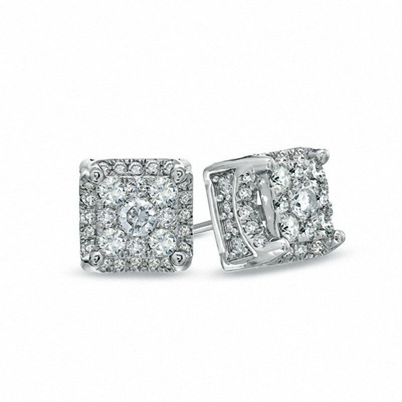 Main Image 1 of Previously Owned - 1/2 CT. T.W. Diamond Square Cluster Stud Earrings in 10K White Gold