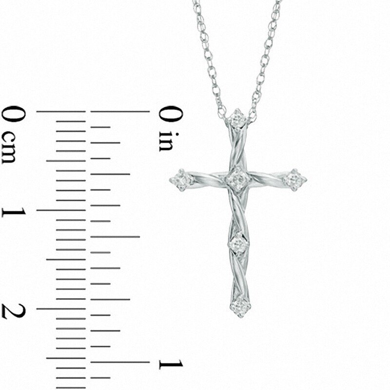 Main Image 2 of Previously Owned - 1/8 CT. T.W. Diamond Twisting Cross Pendant in 10K White Gold