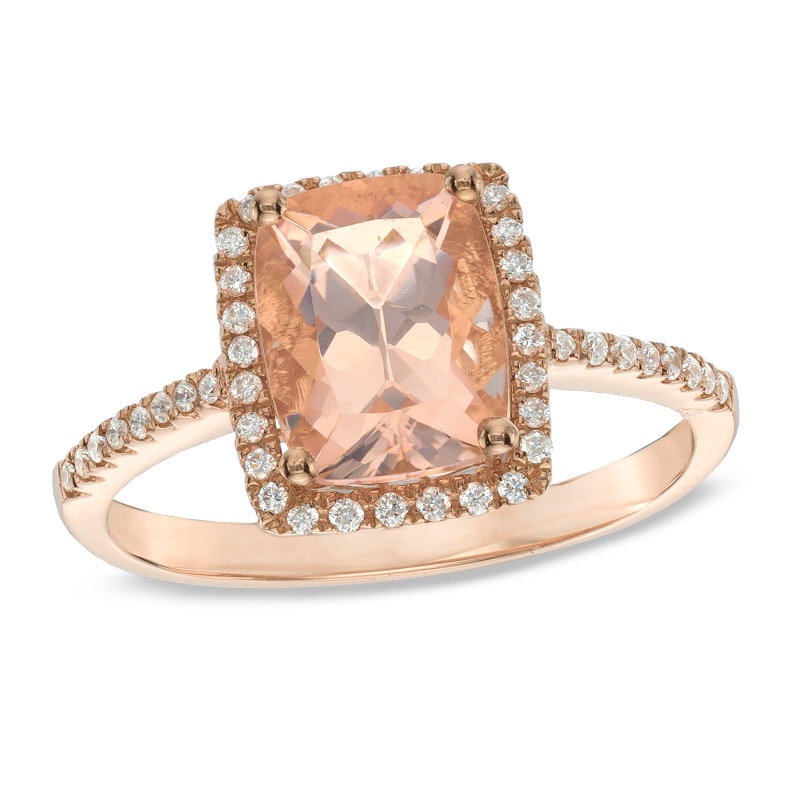 Main Image 1 of Previously Owned - Cushion-Cut Morganite and 1/6 CT. T.W. Diamond Frame Ring in 10K Rose Gold