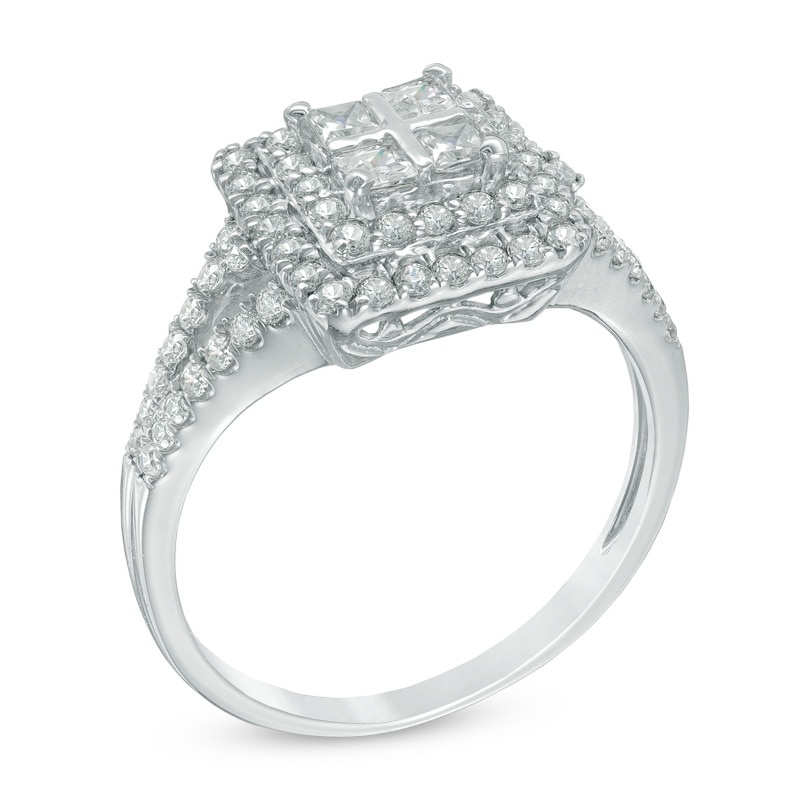 Main Image 2 of Previously Owned - 5/8 CT. T.W. Quad Princess-Cut Diamond Double Frame Ring in 10K White Gold