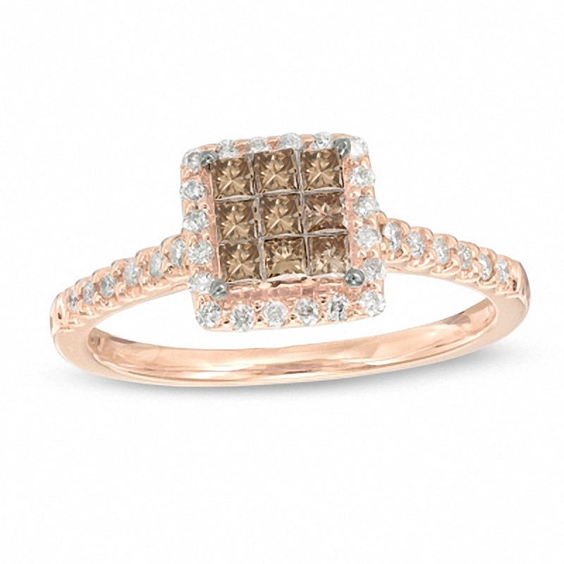 Main Image 1 of Previously Owned - 1/2 CT. T.W. Champagne and White Diamond Square Cluster Frame Ring in 10K Rose Gold