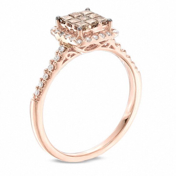 Previously Owned - 1/2 CT. T.w. Champagne and White Diamond Square Cluster Frame Ring in 10K Rose Gold
