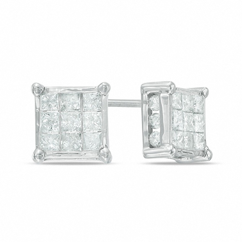 Main Image 1 of Previously Owned - 1 CT. T.W. Diamond Square Composite Stud Earrings in 10K White Gold