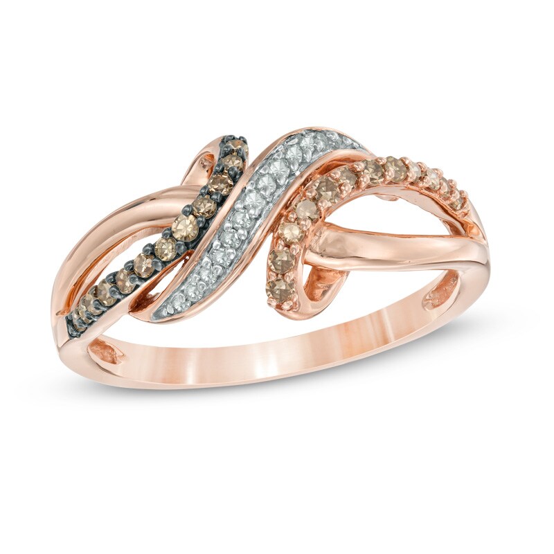 Main Image 1 of Previously Owned - 1/4 CT. T.W. Champagne and White Diamond Bypass Waves Ring in 10K Rose Gold